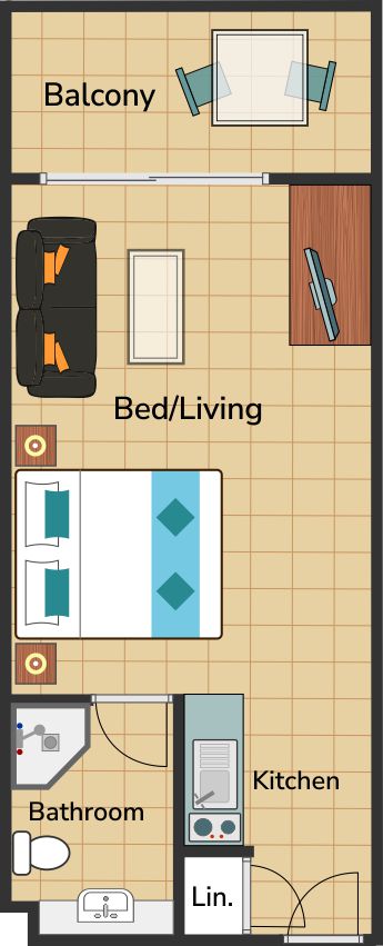 Apartment floor plan showing king single bed configuration